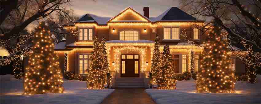 Beautiful residential home adorned with professionally installed holiday lights by JBell Services, your trusted experts in holiday lighting services and Christmas light installers. Located at 12900 Valley Branch Lane, Suite 408, Farmers Branch, TX 75234, we create stunning displays to brighten the holiday season for homes and businesses alike.