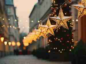 A charming city street adorned with glowing star-shaped holiday lights strung across, creating a magical, festive atmosphere for pedestrians in DFW.