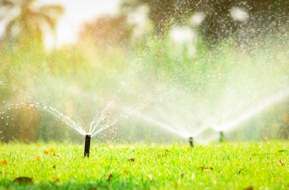 Automatic Lawn Sprinkler Watering Green Grass. Sprinkler With Automatic System. Sprinkler Repair Fort Worth, TX